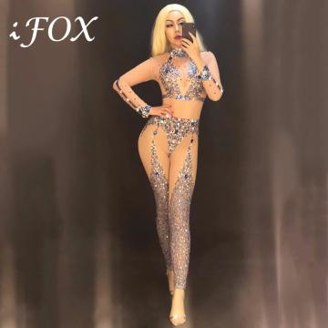 Women Jazz Costume Rhinestone Bodysuit Pole Dance Performance Clothing Nightclub DJ Gogo Stage Wear Beyonce Jumpsuit DNV10536