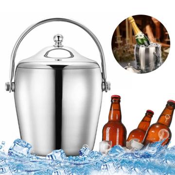 1.2/2L Stainless Steel Ice Bucket Portable 6-hour Double-layer Insulated Freezer with Lid for Parties Barbecues Buffets