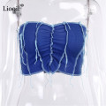 Liooil Patchwork Knitted Ribbed T Shirts Ruched Corset Tops Women Autumn Winter Off Shoulder Black Blue Sexy Short Tassel Tops