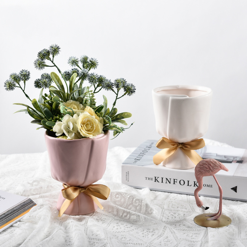 Nordic style Bouquet Shape Ceramics Flower Vase with Bow Minimalism Home Wedding Decoration Accessories For Flowers Livingroom