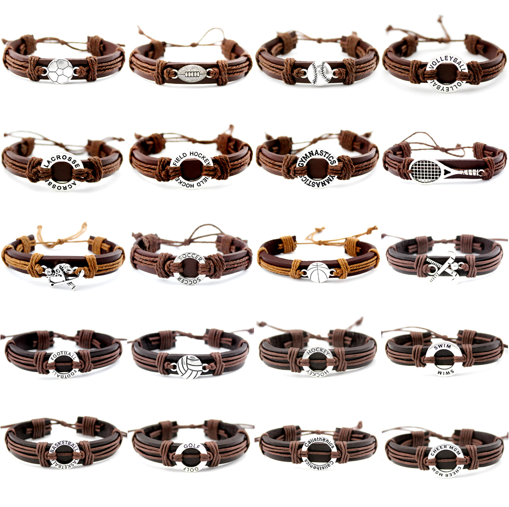 Field Ice Hockey Player Soccer Football Softball Volleyball Lacrosse Gymnastics Tennis Charm Leather Bracelets Women Men Jewelry