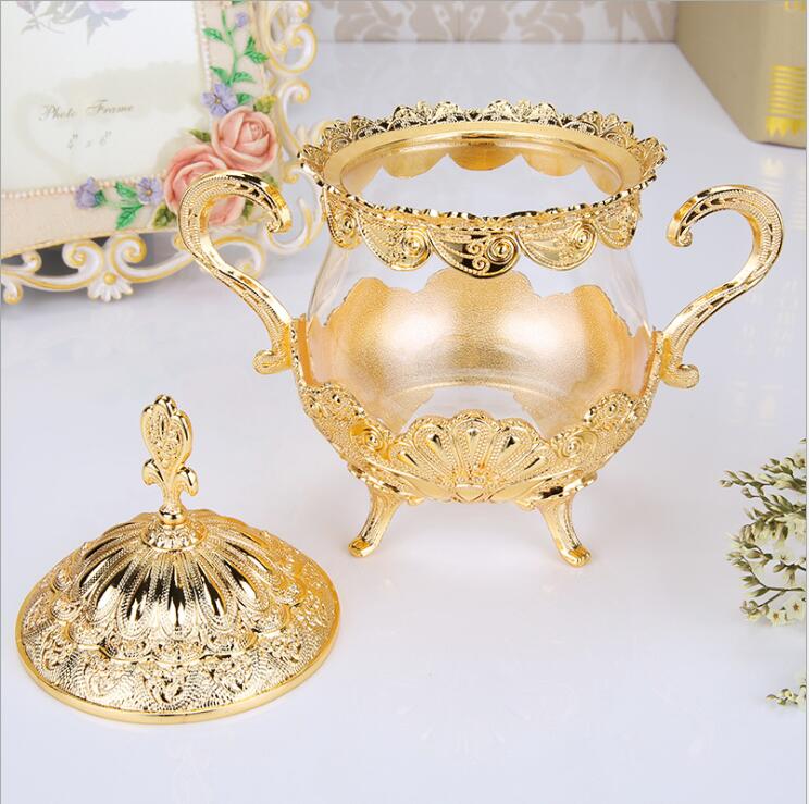 European gold/silver plated glass jars and lids glass container sugar bowl tea coffee sugar storage jars SNG001