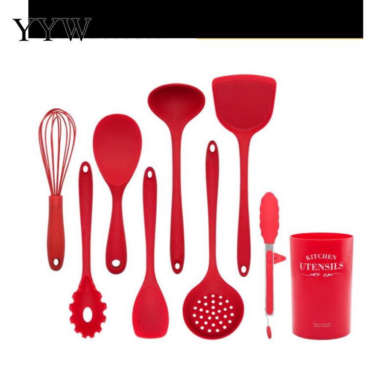 1-9pcs Silicone Cooking Utensil Set Kitchen Utensils Red Non-Stick Spatula Shovel Turner Tongs Soup Spoon Kitchen Tools Dishes