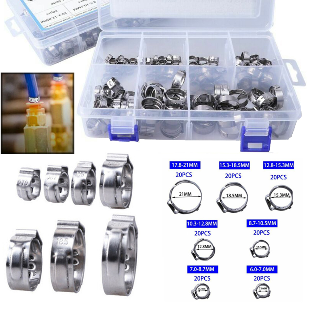 140PCS 304 Silicone Radiator Hoses Stainless Steel Single Ear Clamp Ear Fuel Hose Clamps Crimping Tool Kit Silicone Hose Clamp