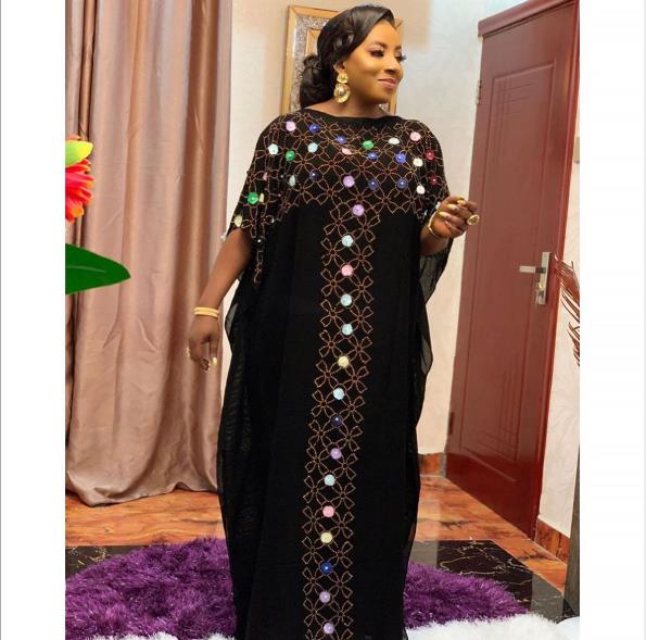 Black African Design Dashiki Dress Beading Abaya Vintage Bandage Bazin Bat Sleeve Robe Gowns Africa Sexy Lady Party Fairy