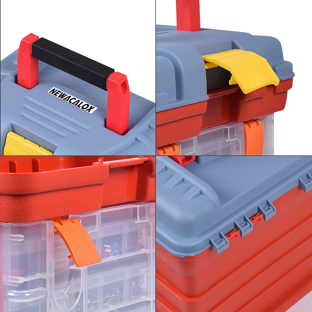 NEWACALOX Outdoor Toolbox 4 Layer Fishing Tackle Portable Tool Case Screw Hardware Plastic Storage Box with Locking Handle