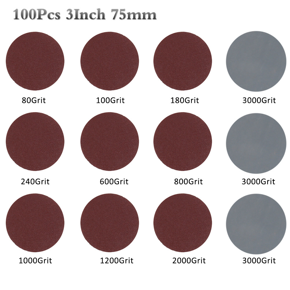 100pcs 3 Inch 75mm Sandpaper 80-3000 Grit Sander Disc Sanding Discs Cutting Disc Backer Set For Polishing Cleaning Abrasive Tool