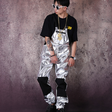 Adult Male Hip Hop Dance Costume Silver Overall Men Hip Hop Pant Nightclub American Clothing Fashion GOGO Dance DJ Costume B1881