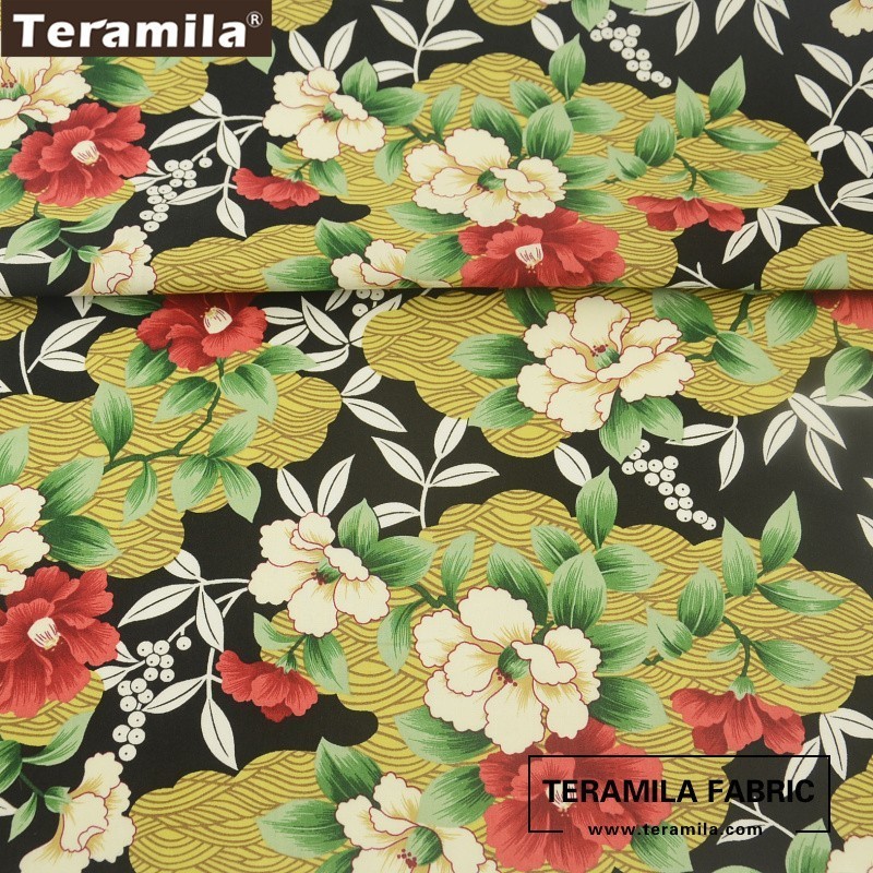 Teramila Cotton Poplin Fabric Soft High Quality Black Cloth Blooming Flower Style Handwork Shirt Patchwork Fat Quarter Meter