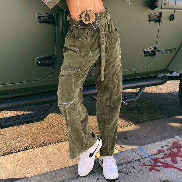 Corduroy Loose Casual Wide-leg Sashes Women's pants High Waist fashion Cool girls Fresh Olive Green Streetwear Pants