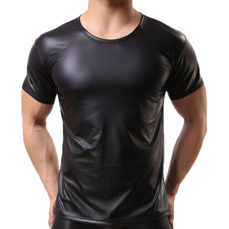 2XL Men T-shirt Faux Leather Shorts Sleeve Tee Shirts Fitness Undershirts Underwear Sexy Stage Latex Costumes Wetlook Clubwear