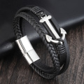 LAMEMDEE Punk Stainless Steel Anchor Bracelets Genuine Leather Bracelet & Bangles for Men Jewelry Black Color Fashion Gift