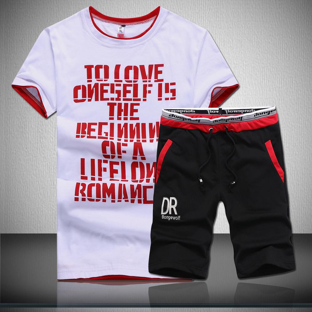 Summer 2 Piece Men's Set Fitness Clothes Man Casual O-neck Letters Printed T-Shirt+ Drawstring Shorts Mans Tracksuit Plus Size