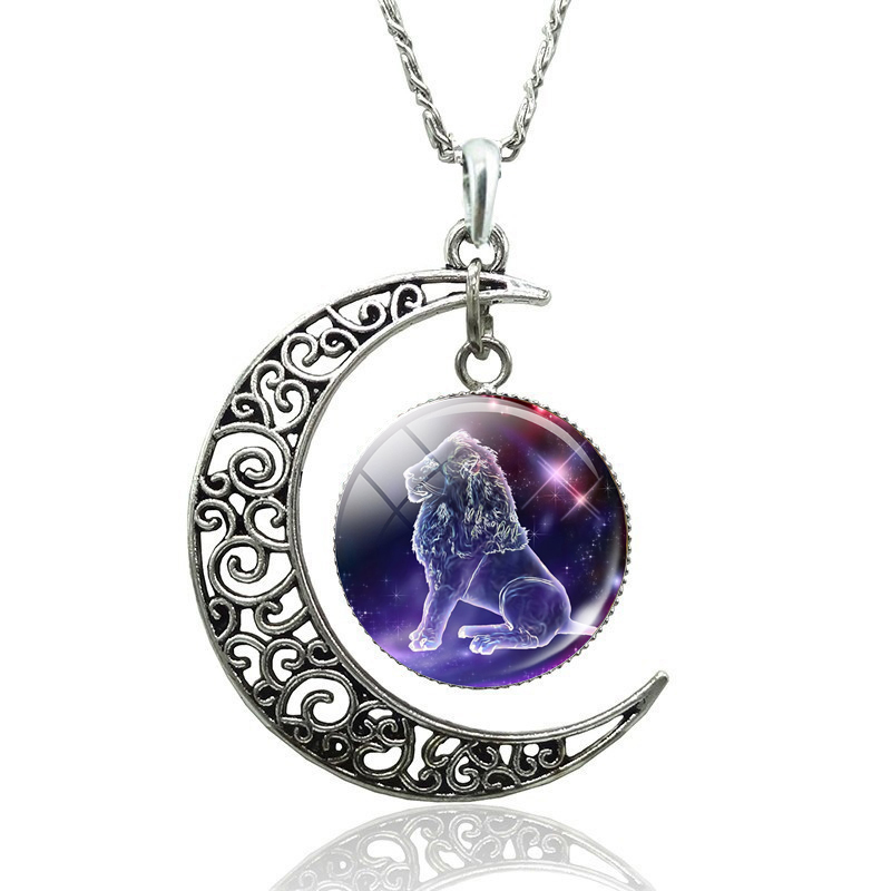 12 Constellation Necklace Zodiac Signs Cabochon Glass Crescent Moon Pendant Clavicle chain Necklace Birthday Gifts for Women