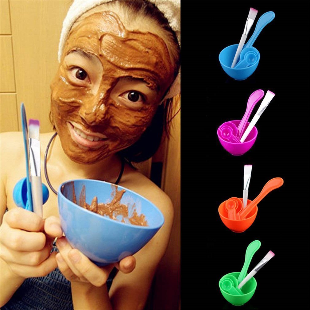 4 in 1 Facial Mask Mixing Bowl Brush Spoon Brush Stick Set DIY Plastic Soft Mixing Applying Facial Care Makeup Tool Kit Rose Red