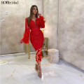 Hot Red Short Prom Dresses Feather Long Sleeves Sheath Lace Sexy Special Party Dress Plus Size Women Formal Occasion Gowns