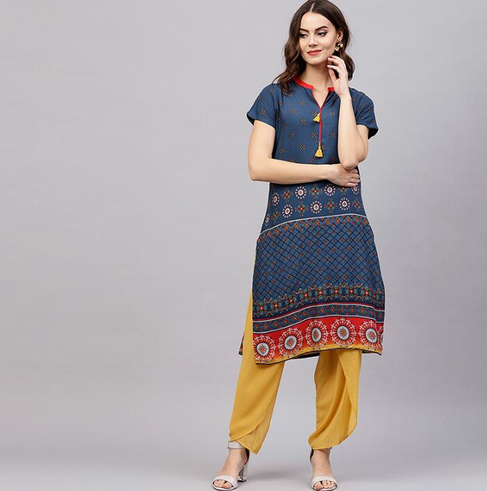 India Woman Traditional Ethnic Printing Costume Cotton Short sleeve Kurtas Spring Summer Travel Dress Beautiful Bluce Dance Top