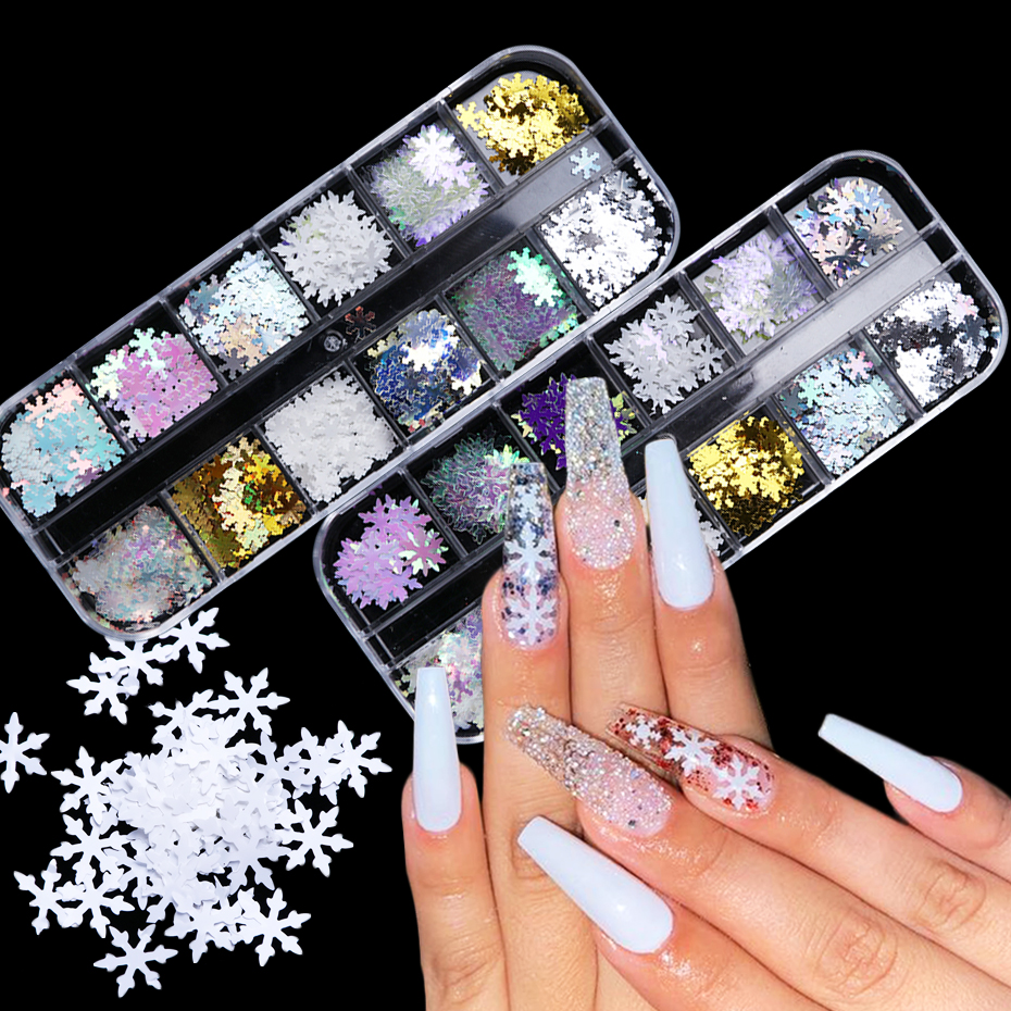 12 Grids Snowflake Nail Sequins 3D Laser Mirror Shiny Slices Winter Christmas Glitter Nail Art Decoration Accessories LEXHH01-05