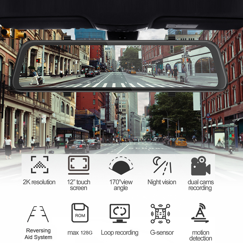 Car DVR 12 Inch 2K Rearview Mirror For Auto Recorder Mirror Steaming IPS Dash Camera 1440P Car Mirror Video Night Vision