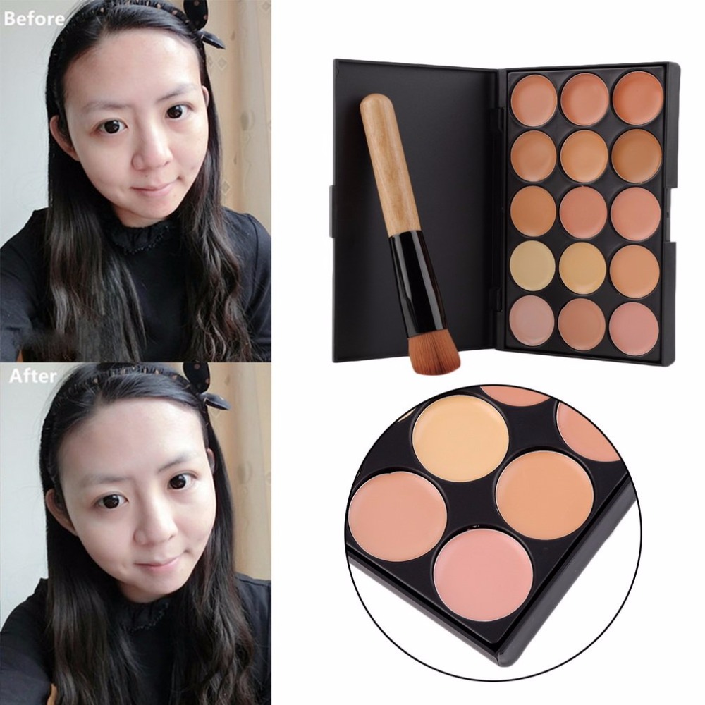 Fashion Full Makeup Set Kit 15 Colors Face Makeup Concealer Palette + Wood Handle Flat Angled Brush