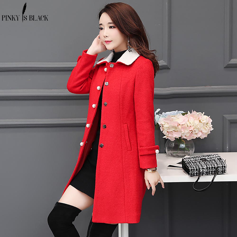 PinkyIsblack Turn Down Collar Long Wool Coat Elegant Winter Woman Wool Blend Coats Slim Type Female Pockets Warm Coat Outerwear