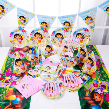 Dora the Explorer Theme Kids Disposable Tableware Birthday Party Decoration Tablecloth Paper Cups Plate Baby Shower Supplies