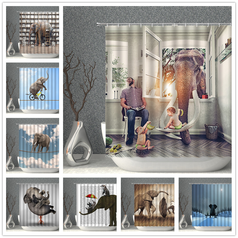 Elephant Shower Curtain Funny New Ideas Nordic Style Waterproof Polyester Bathroom Curtains Multi-size Bath Screen With Hooks