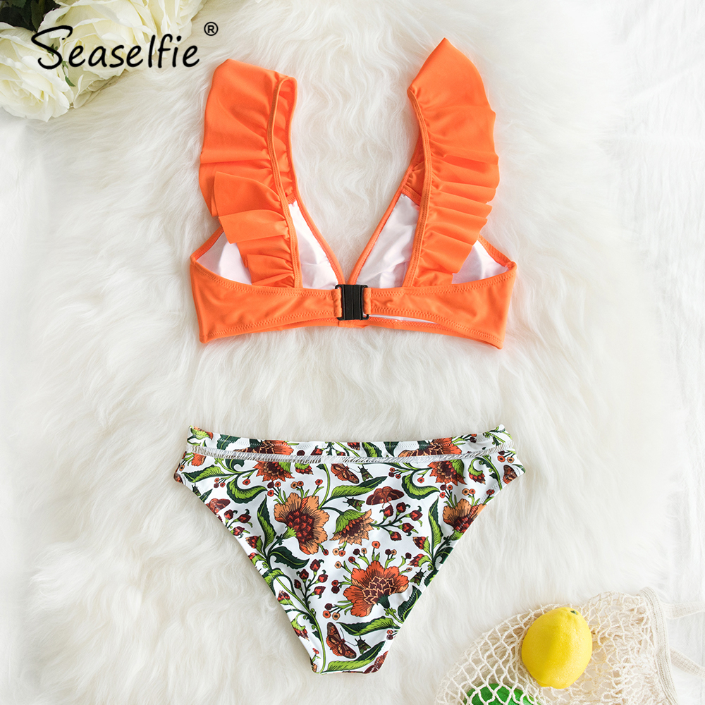 SEASELFIE 2021 Sexy Low-waist Bikinis Set Swimwear Women Swimsuits Bathing Suit Biquini Orange Floral Ruffled Bikini Beachwear