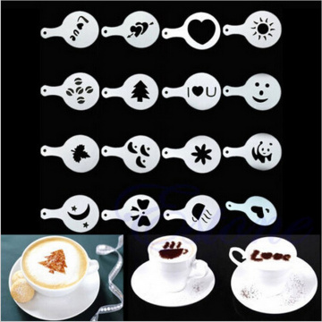 16Pcs/set Fashion Cappuccino Coffee Barista Stencils Template Strew Pad Duster Spray Tools accessories