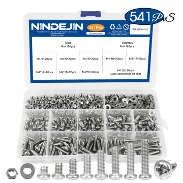 NINDEJIN 541/721pcs Cross Recessed Round Head M3 M4 M5 Screw Set Nut Washer Stainless Steel Phillips Machine Screw Assorted Kit