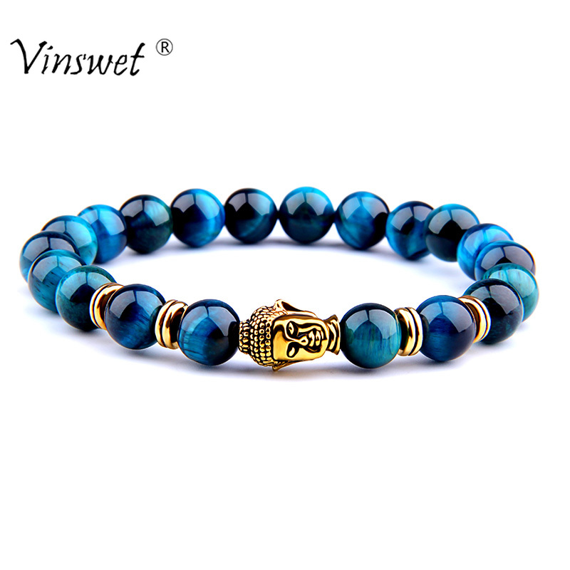 Fashion AAA Royal Blue Tiger Eye Men's Bracelet Beads Natural Stone Buddha Stretch Charm Bracelets for Women Men Jewelry 2020