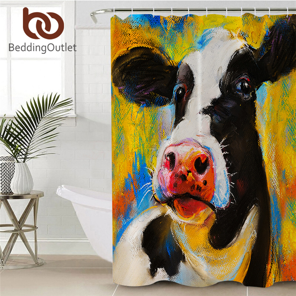 BeddingOutlet Milk Cow Shower Curtain Pastel Painting Waterproof Polyester Bath Curtain With Hooks Farm Animal Bathroom Decor