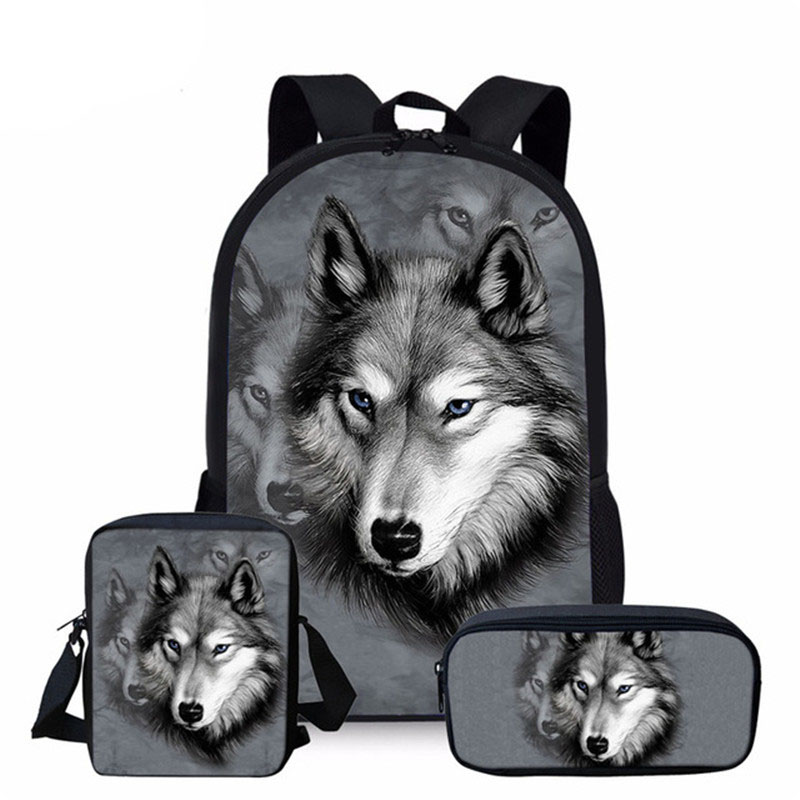 3pcs/Set School Backpack for Kids Boys Girls Cool Wolf 3d Printing Children Orthopedics Rucksack Bookbag Pencil Mochila Escolar