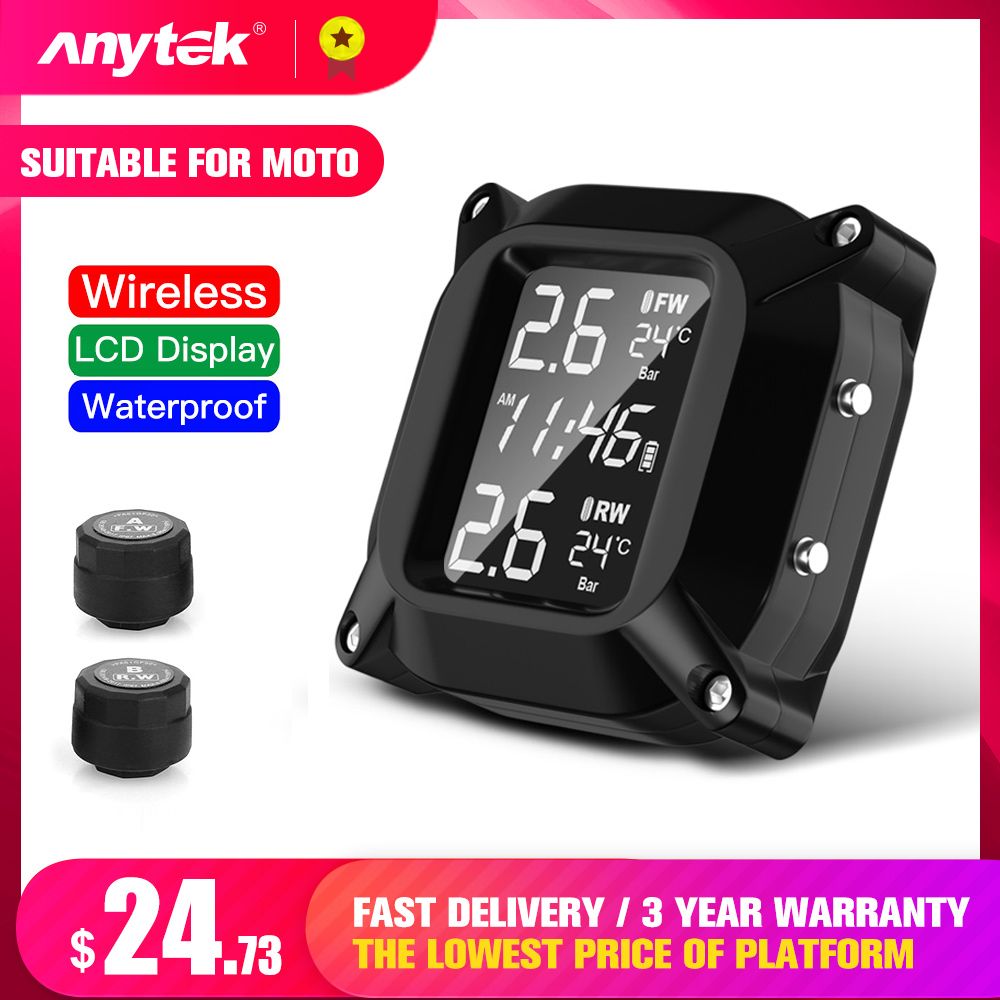 AnytekTire Pressure Alarm USB Interface TPMS Tire Pressure Monitoring System Motorbike Motorcycle 2PCS Sensor Real-Time Display