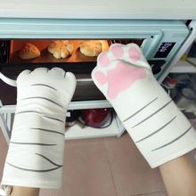 3D Cartoon Cat Paws Oven Mitts Long Cotton Baking Insulation Gloves Microwave Heat Resistant Non-slip Kitchen Gloves