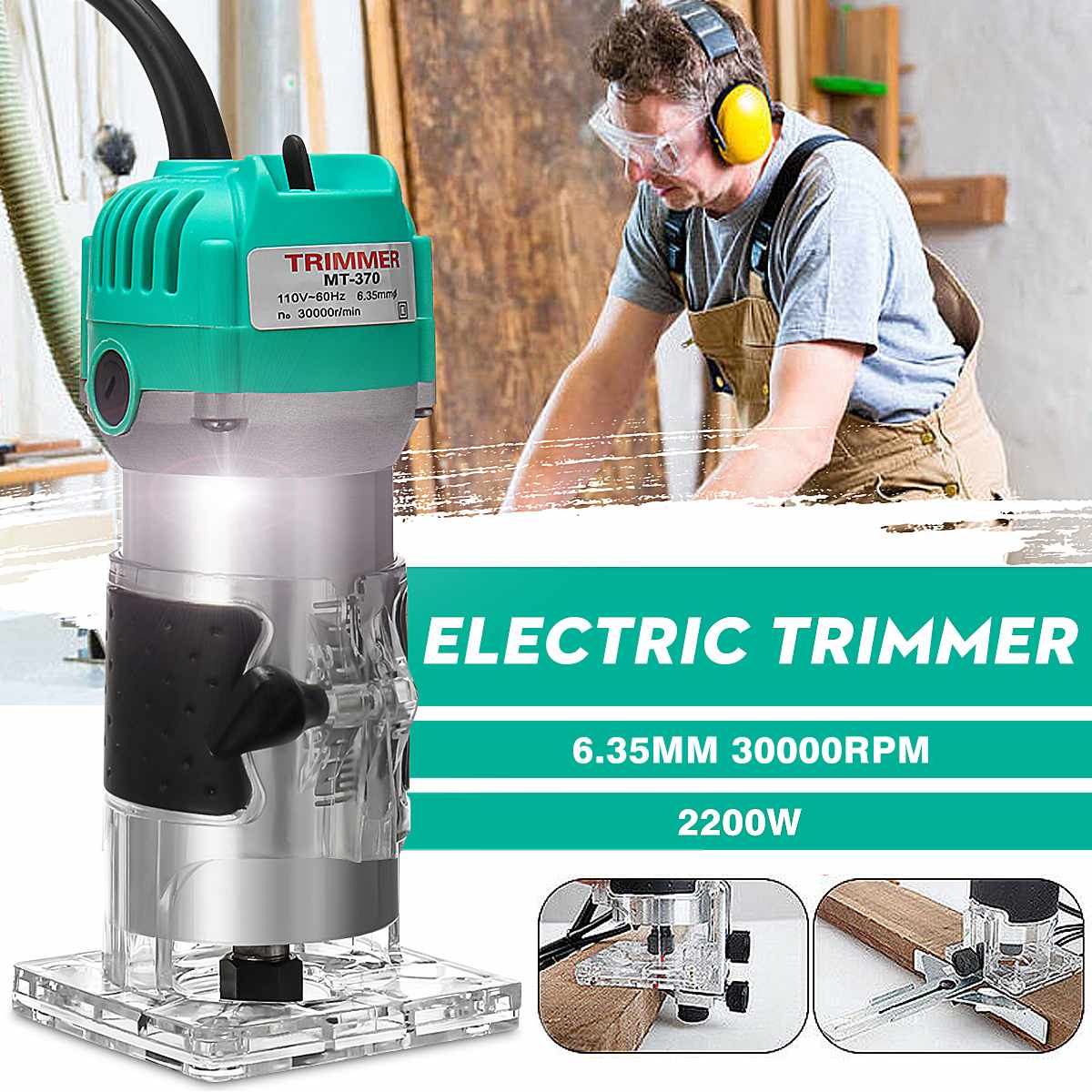 2200W 1/4 Inch Corded Wood Laminate Router 30000RMP Electric Hand Trimmer Woodworking Tool With 60inch Cable