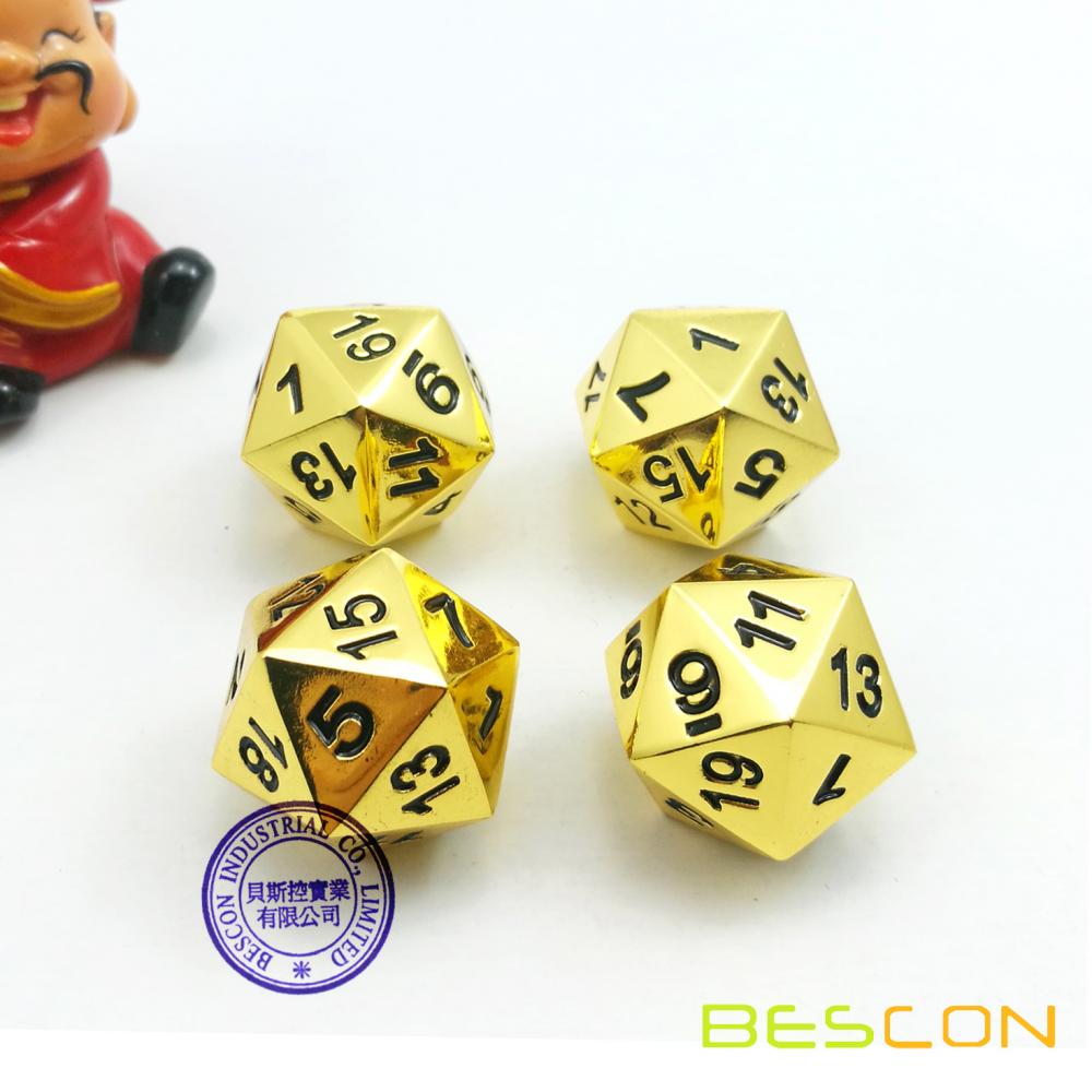 Set of 4 Deluxe Golden Solid Metal 20 Sides Dice D20 Gold Metallic Polyhedral Dice