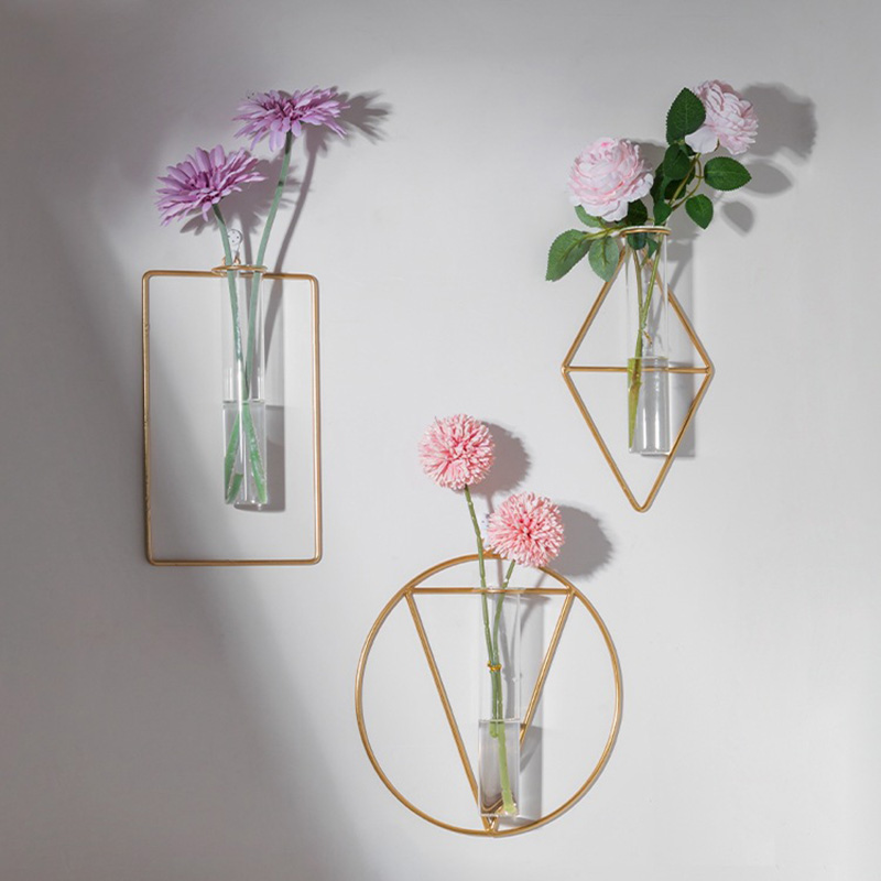 Test Tube Flower Vases Wall-mounted 2 In 1 Geometric Shape Light Luxury Metal Glass Flowerpot Wall Hanging Art Plant Terrarium