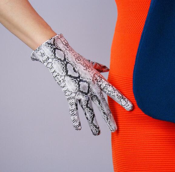 Women's silver snake skin print faux pu leather short gloves female sexy party dress fashion driving glove R1068