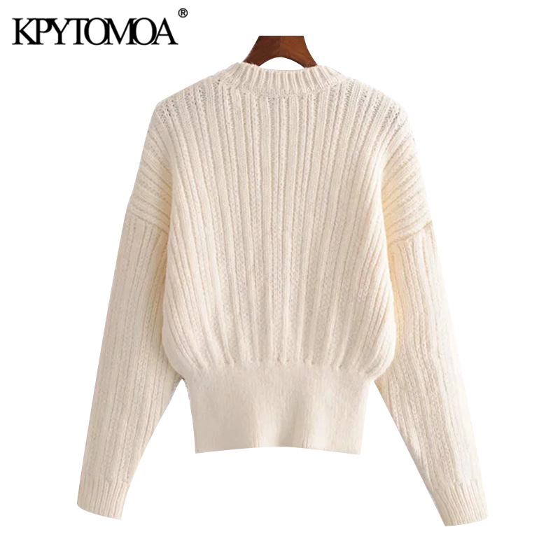 KPYTOMOA Women 2020 Fashion With Ribbed Trims Cable-Knit Sweater Vintage O Neck Long Sleeve Female Pullovers Chic Tops