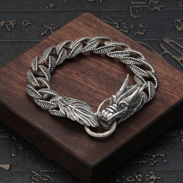 Real 925 Sterling Silver Dragon Curb Chain Bracelet Mens Biker Chain Handcrafted Retro Punk Men Bracelet Bangle