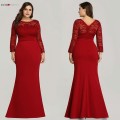 Plus Size Burgundy Mermaid Dresses Ever Pretty O-Neck Lace Long Sleeve Muslim Formal Dresses EZ07668 Elegant Red Party Gowns