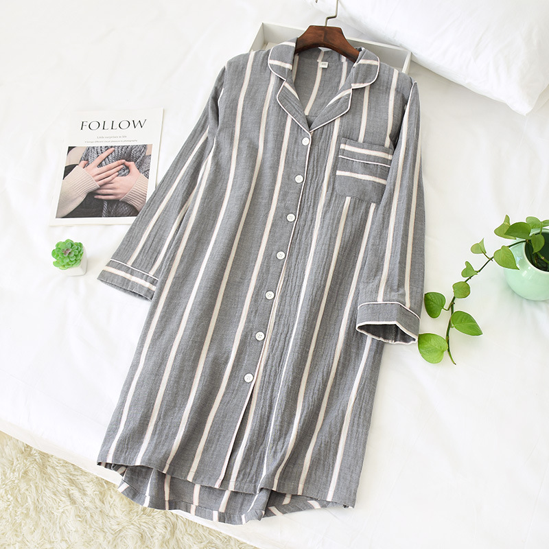 New Japanese simple striped nightgowns women 100% cotton nightdress casual Long sleeve indoor sleep dress women sleepwear