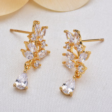 2PCS 24x12MM 24K Gold Color Brass with Zircon Leaf Leaves Stud Earrings High Quality Diy Jewelry Findings Accessories