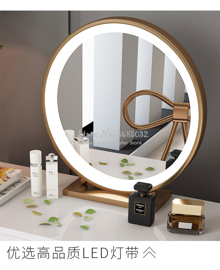 Nordic LED Makeup Mirror 3 Color Variable Light Smart Gold Metal Frame Round Desktop Dresser Mirror Decorative Mirror 50cm