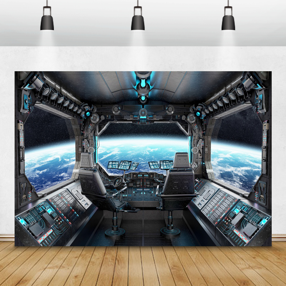 Laeacco Birthday Backdrops Universe Space Capsule Spaceship Astronaut Baby Shower Photography Backgrounds For Photo Studio Props