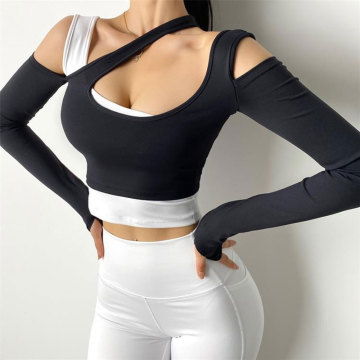 Fake 2 Pc Long Sleeve Crop Top Wokout Yoga Shirts Sport Top Fitness Yoga Top Gym Top Sports Wear Women Gym Femme Running Shirts