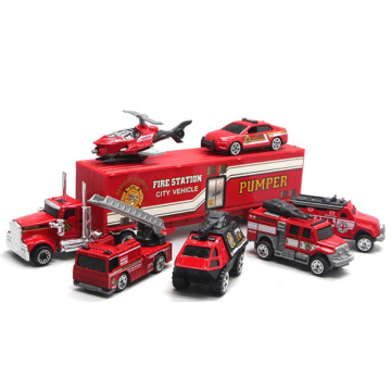 7pcs/set Fire truck vehicle set Ladder fire truck Helicopter ambulance Container truck car Alloy toy collection model kids gift