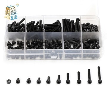 300pcs/set Black Din912 M2 M2.5 M3 Allen Bolt Hex Socket Round Cap Head Screw And Nut Assortment Kit Set