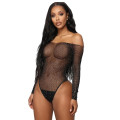 Sexy Women Long Sleeve Fishnet Rhinestone Bodysuit Leotard Tops Swimsuit Hollow Out Off Shoulder See Through Playsuit Jumpsuit